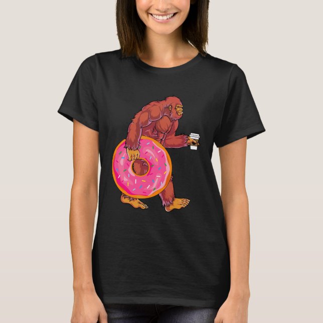 Funny Bigfoot Walking with Large Doughnut and Coff T-Shirt (Front)