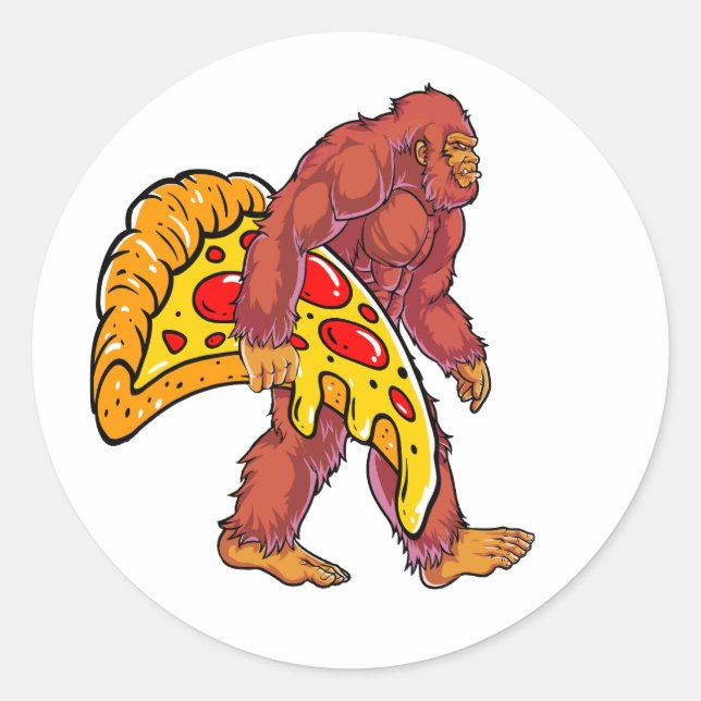 Funny Bigfoot Walking with Large Pizza Slice Classic Round Sticker (Front)