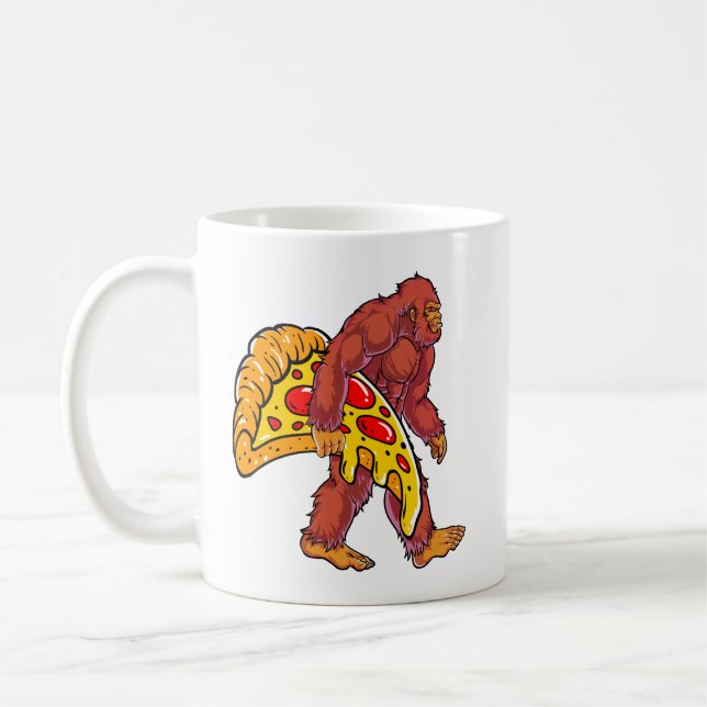Funny Bigfoot Walking with Large Pizza Slice Coffee Mug (Left)