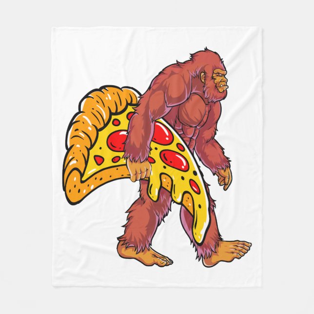 Funny Bigfoot Walking with Large Pizza Slice  Fleece Blanket (Front)