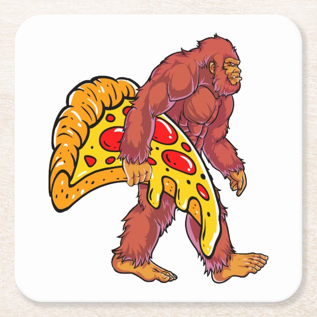 Funny Bigfoot Walking with Large Pizza Slice Square Paper Coaster (Front)