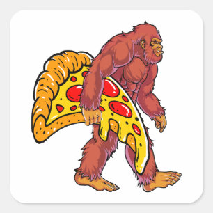 Funny Bigfoot Walking with Large Pizza Slice Square Sticker