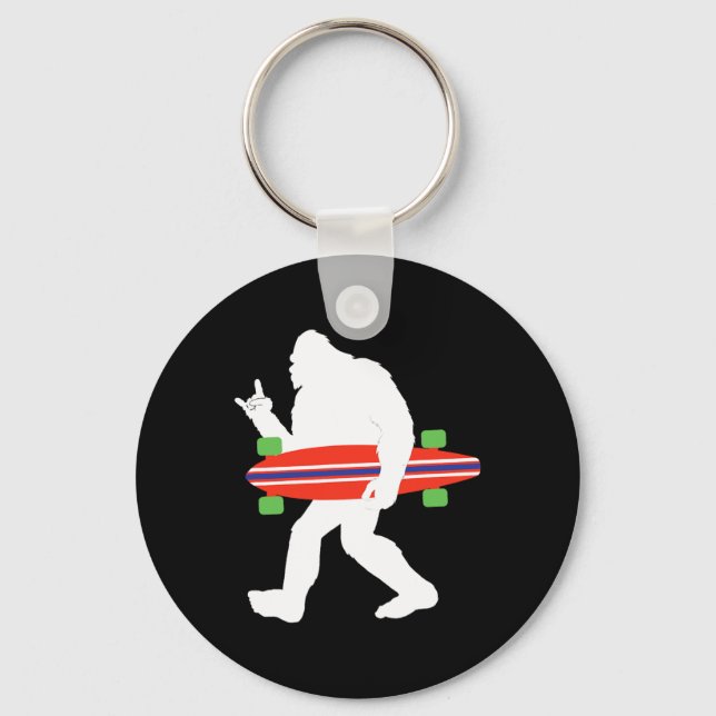 Funny Bigfoot With Longboard Skateboarder  Keychain (Front)