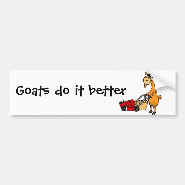 Funny Billy Goat Pushing Lawn Mower Cartoon Bumper Sticker (Front)