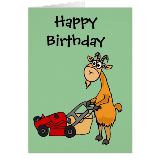 Funny Billy Goat Pushing Lawn Mower Cartoon Card