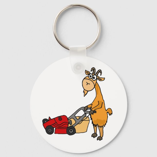 Funny Billy Goat Pushing Lawn Mower Cartoon Keychain (Front)