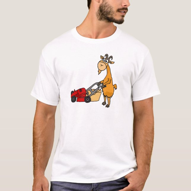 Funny Billy Goat Pushing Lawn Mower Cartoon T-Shirt (Front)