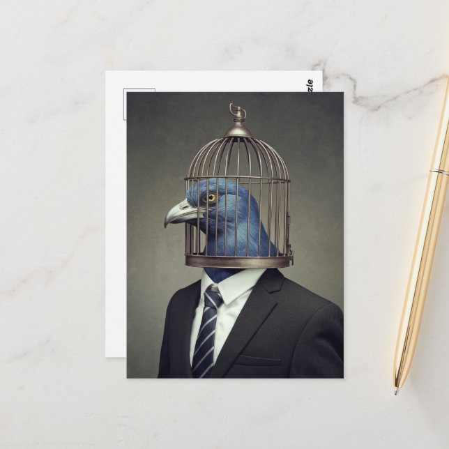 Funny Bird in a Business Suit With a Cage Head Postcard (Front/Back In Situ)