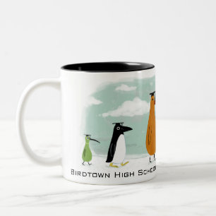 Funny Birds Graduation Procession with Custom Text Two-Tone Coffee Mug