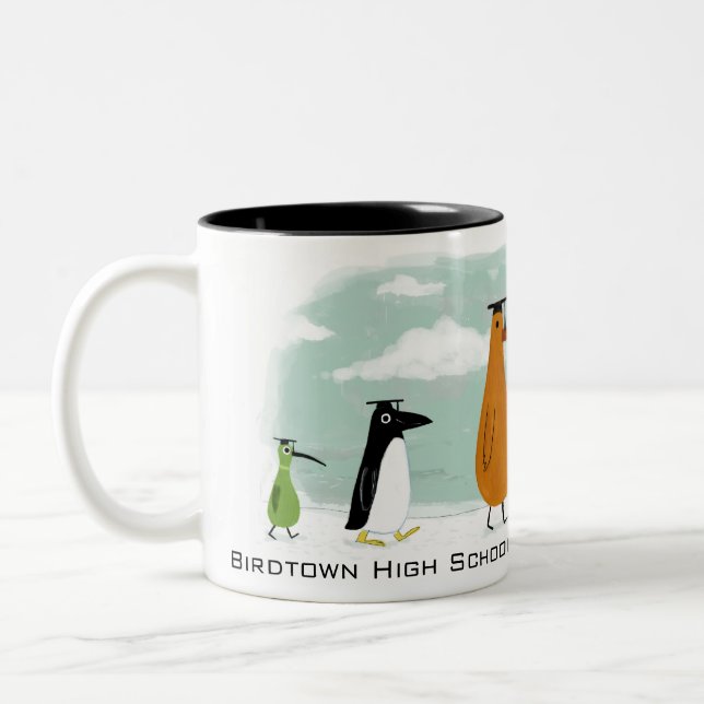Funny Birds Graduation Procession with Custom Text Two-Tone Coffee Mug (Left)
