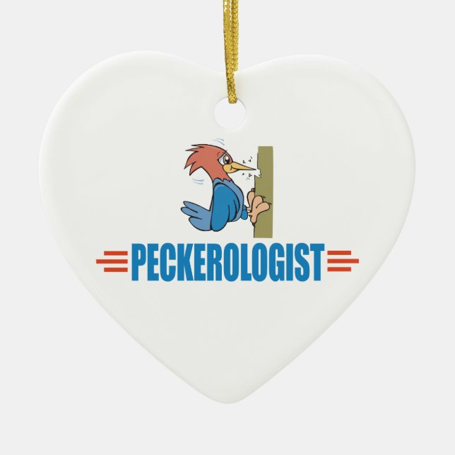 Funny Birdwatching Woodpecker Ceramic Ornament (Front)