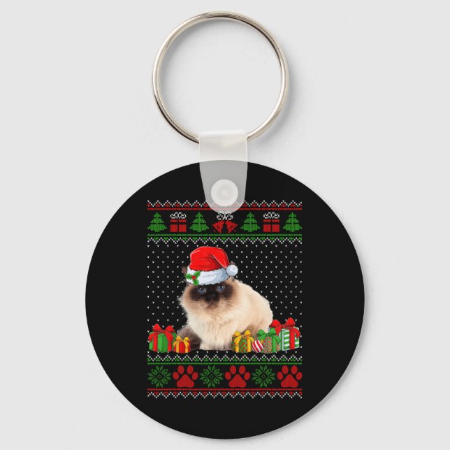 Funny Birman Cat Santa Hat Ugly Christmas Sweater  Keychain (Front)