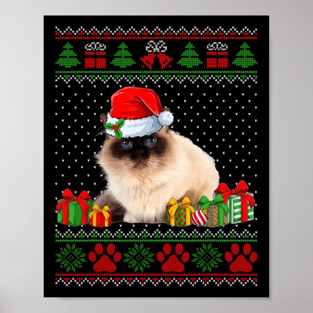 Funny Birman Cat Santa Hat Ugly Christmas Sweater  Poster (Front)