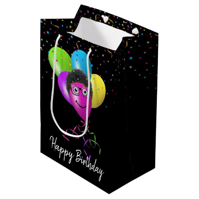 Funny Birthday Balloon Face on Black Medium Gift Bag (Front Angled)