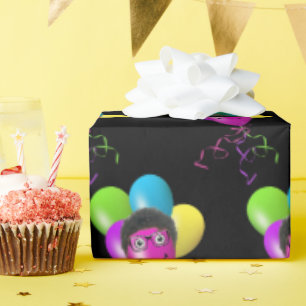 Funny Birthday Balloon Face on Black Wrapping Paper