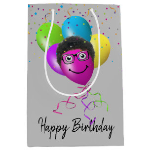 Funny Birthday Balloon Face on Grey Medium Gift Bag
