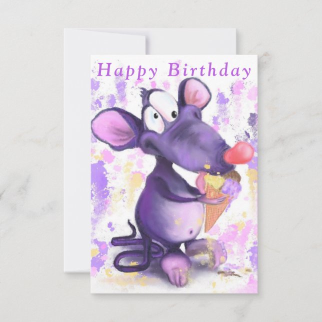 Funny Birthday Card Happy Mouse Eat Ice Cream  (Front)