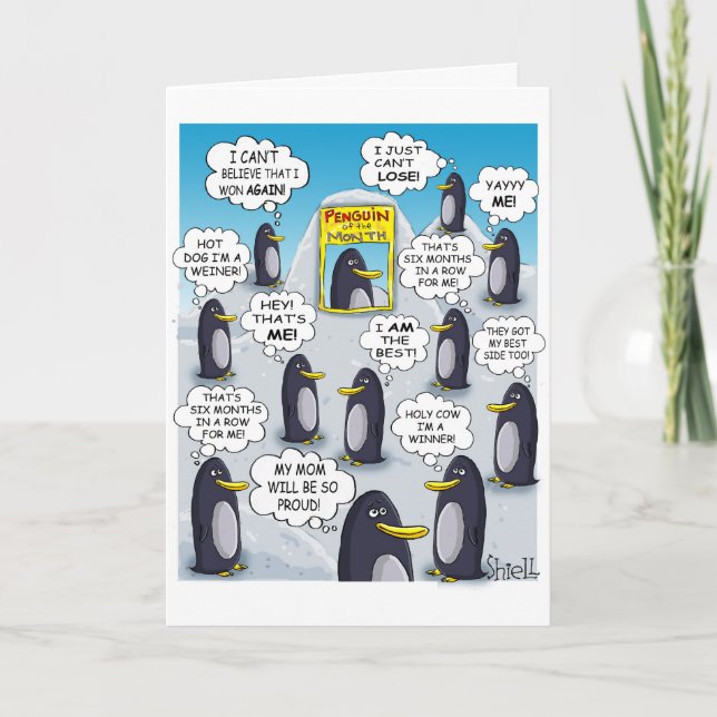 FUNNY BIRTHDAY CARD - Penguin of the Month. (Front)
