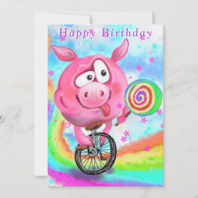 Funny Birthday Card Pig Cyclist Licks Lollipop (Front)