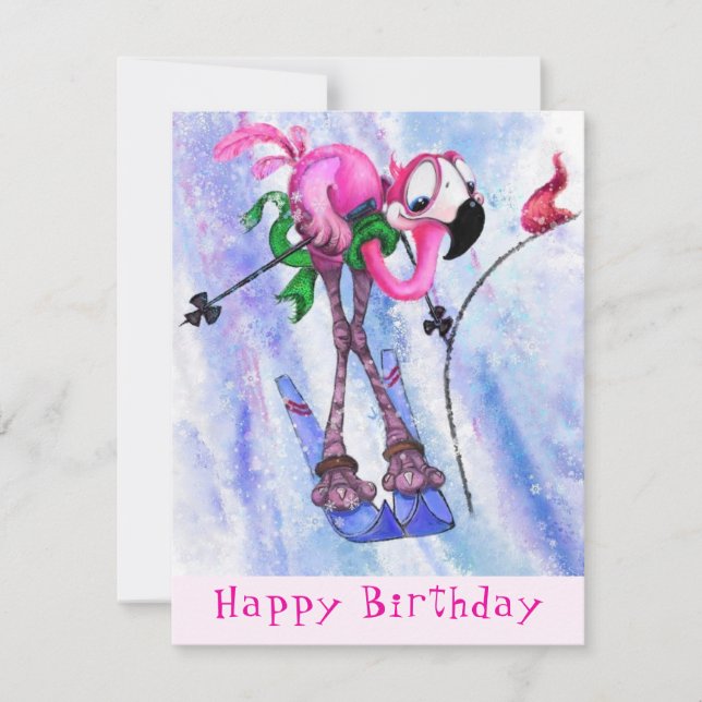Funny Birthday Card Pink Flamingo Skier - Cartoon (Front)