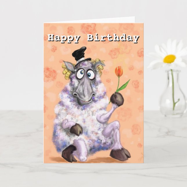 Funny Birthday Card Ram with Flower (Small Plant)