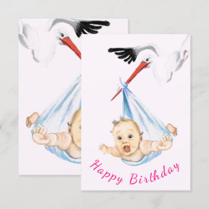 Funny Birthday Card Stork with Baby - Customizable