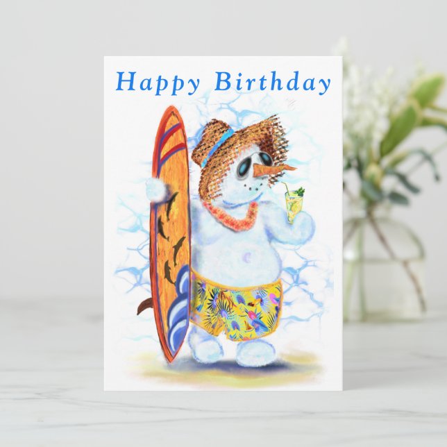 Funny Birthday Card Summer Snowman Surfer (Standing Front)
