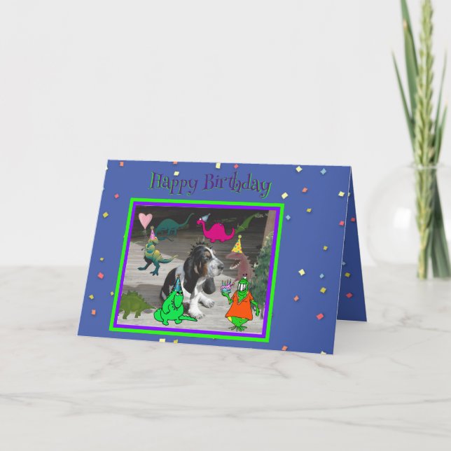 Funny Birthday Card with Dinosaurs & Basset Hound (Front)