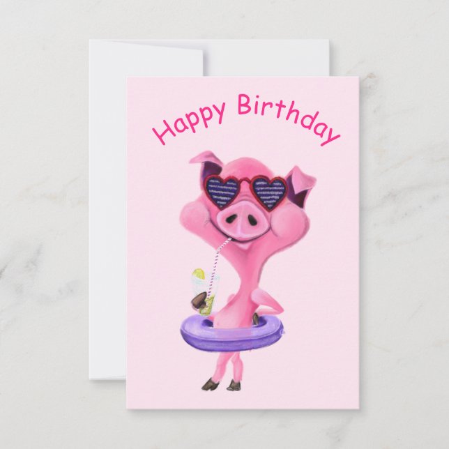 Funny Birthday Card with Happy Party Pig (Front)