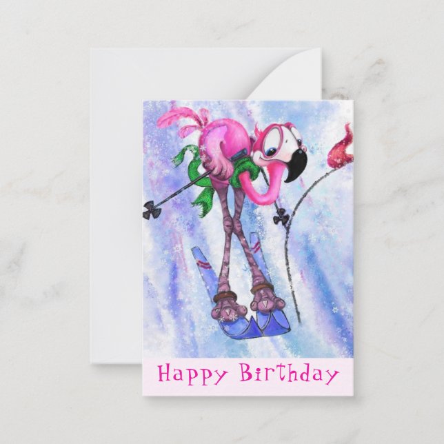 Funny Birthday Card with Pink Flamingo Skier (Front)
