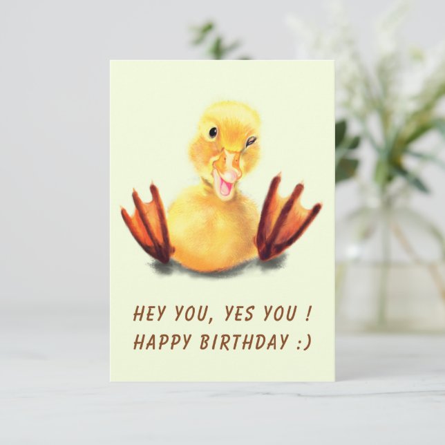Funny Birthday Card with Playful Duck Custom Text (Standing Front)