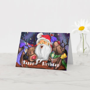 Funny Birthday Card with Santa and Reindeers Party