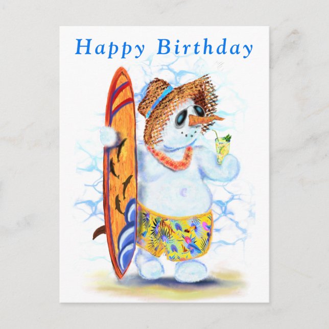Funny Birthday Card with Snowman Surfer (Front)