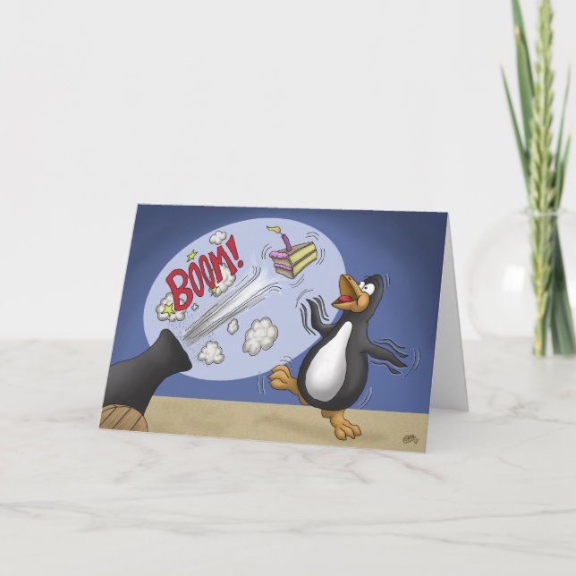 Funny Birthday Cards: Penguin Cake Cannon Card (Front)