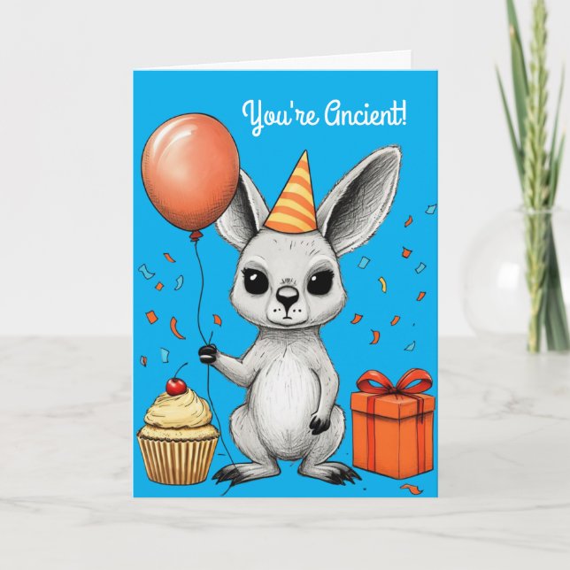 Funny Birthday Kangaroo With Party Hat Vector Card (Front)