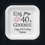 Funny Birthday Kiss Your Decade Goodbye Paper Plate<br><div class="desc">Funny Birthday Kiss Your Decade Goodbye Paper Plates. Celebrate a birthday beginning a new decade with these funny party napkins featuring an editable decade modern typography design for the saying KISS YOUR DECADE GOODBYE (the sample shows 40s for a 50th birthday) and personalized with your custom text. CHANGES: The personalized...</div>