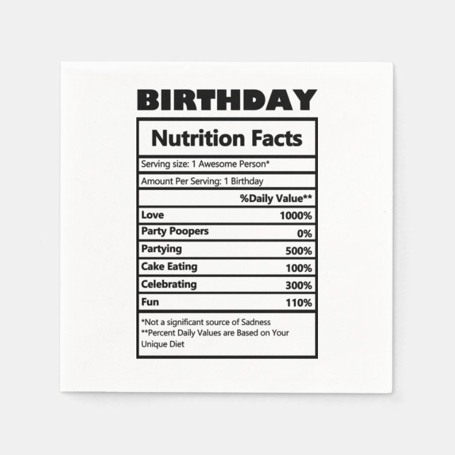 Funny Birthday Nutrition Facts Postcard Napkin (Front)