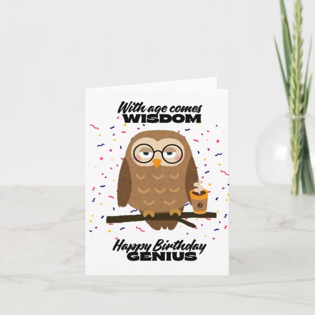 Funny Birthday Owl Café Genius carte de sagesse (Devant)