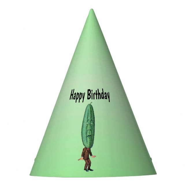 Funny Birthday Pickle Head Man Brown Suit Green Party Hat (Front)
