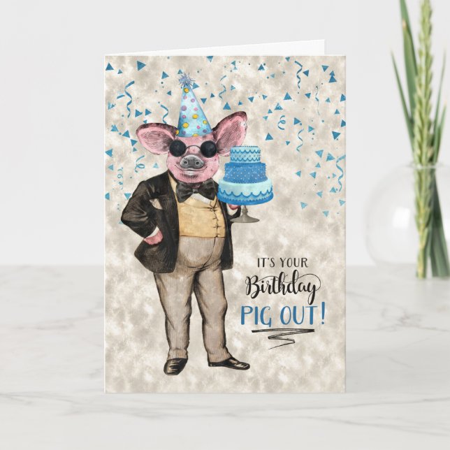 Funny Birthday Pig Out Hipster Pig with a Birthday Card (Front)