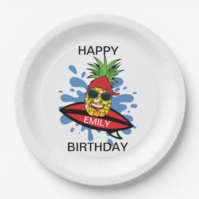 Funny Birthday Surfing Pineapple Paper Plate (Front)