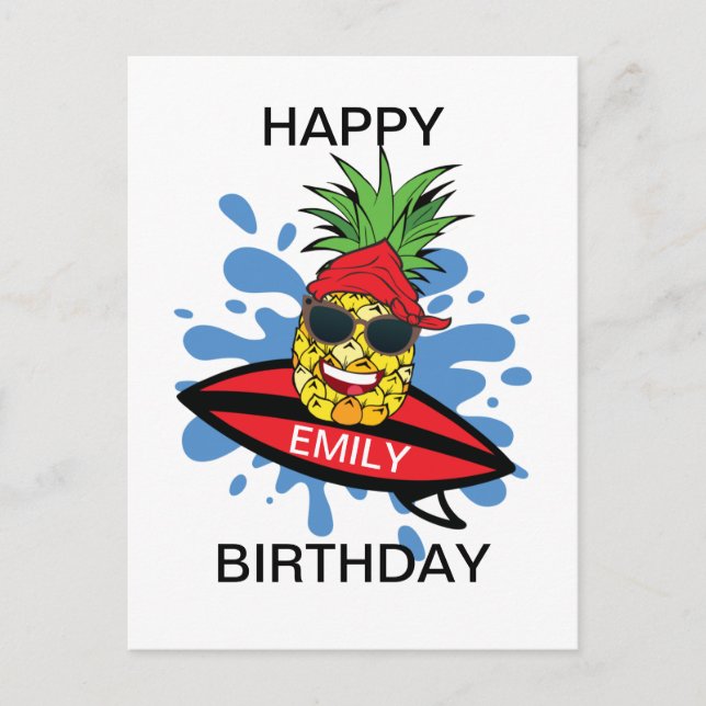 Funny Birthday Surfing Pineapple Postcard (Front)
