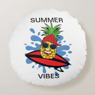 Funny Birthday Surfing Pineapple Round Pillow