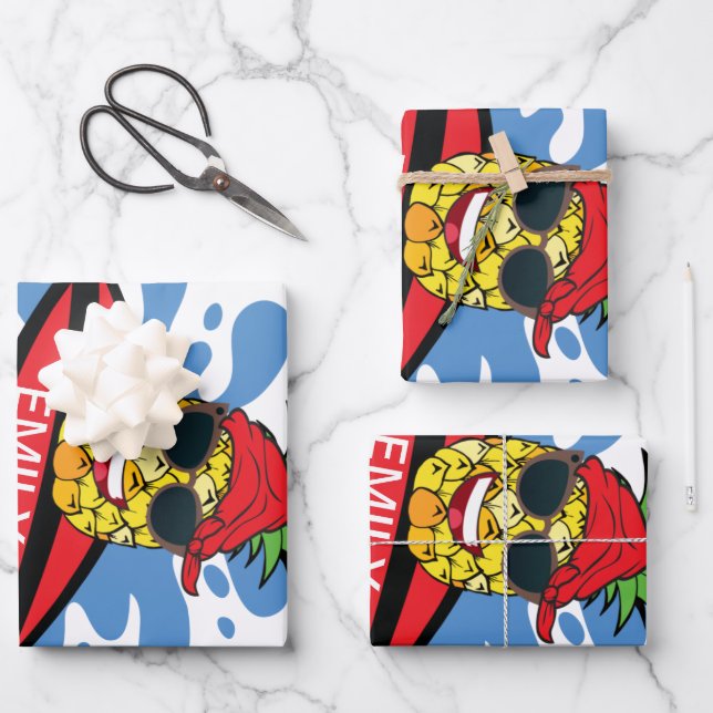 Funny Birthday Surfing Pineapple Wrapping Paper Sheet (Front)