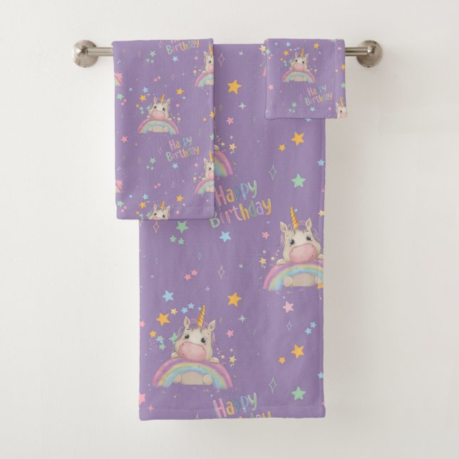 Funny Birthday Unicorn Bath Towel Set (Insitu)