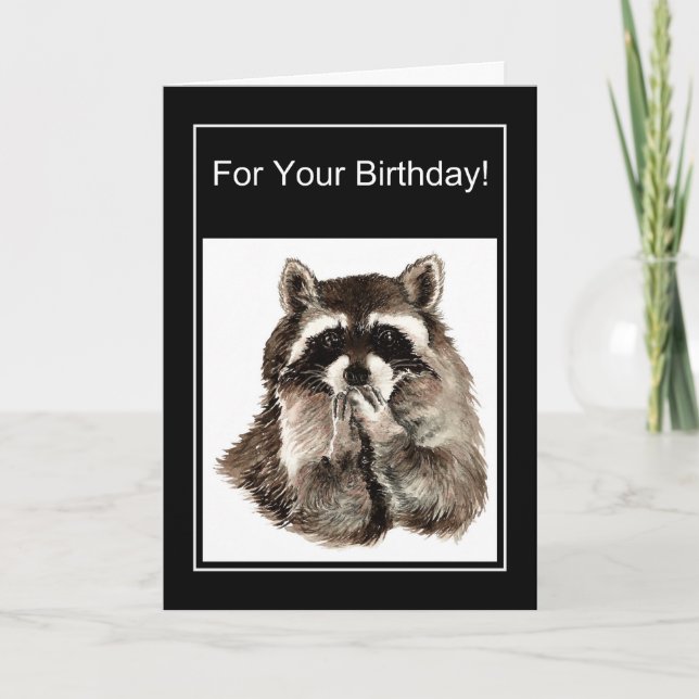 Funny Birthday Watercolor Raccoon Blowing Kisses Card (Front)