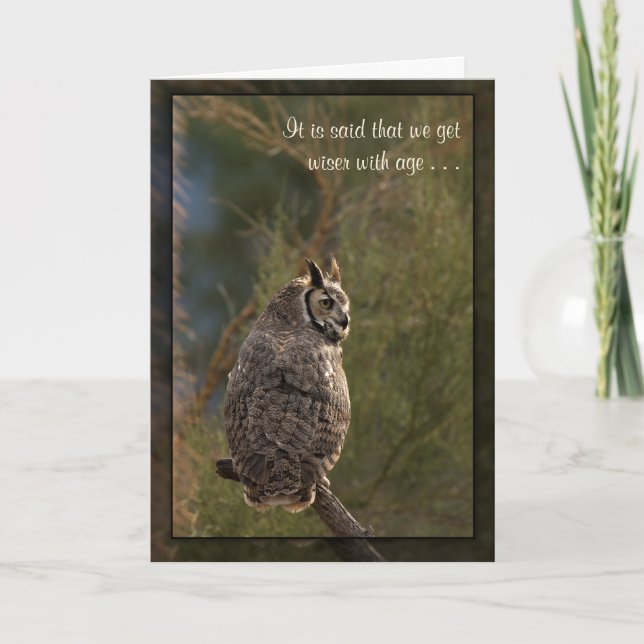 Funny Birthday: Wiser with age (PHOTO card) owl Card (Front)