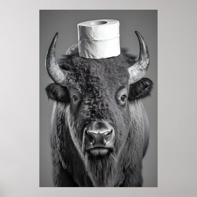 Funny Bison Bathroom Art Print, Toilet Paper Roll Poster (Front)