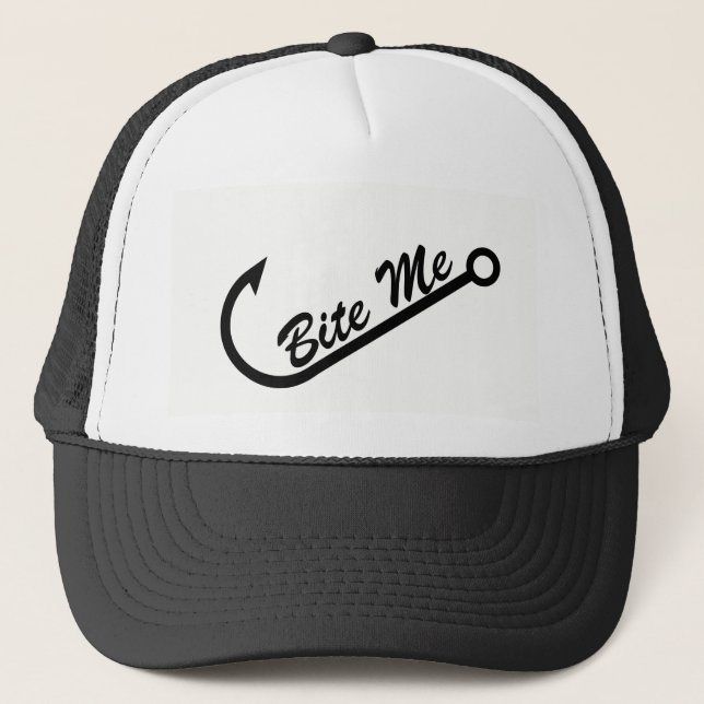 Funny "Bite Me" & Fish Hook Trucker Hat (Front)