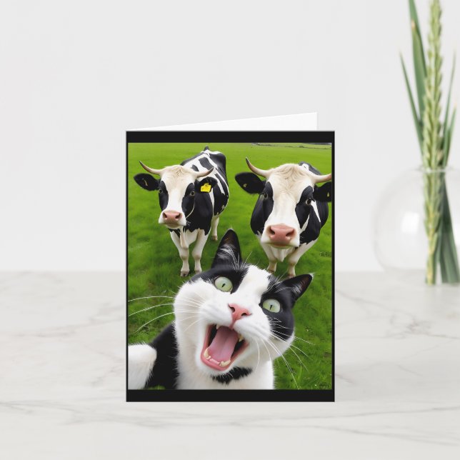 Funny Black And White Cat Cow Selfie  Card (Front)
